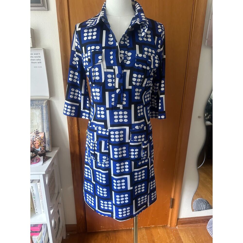 Vintage Vertigo Paris Blue Mod Geometric Shift Dress Medium Unworn Retro
